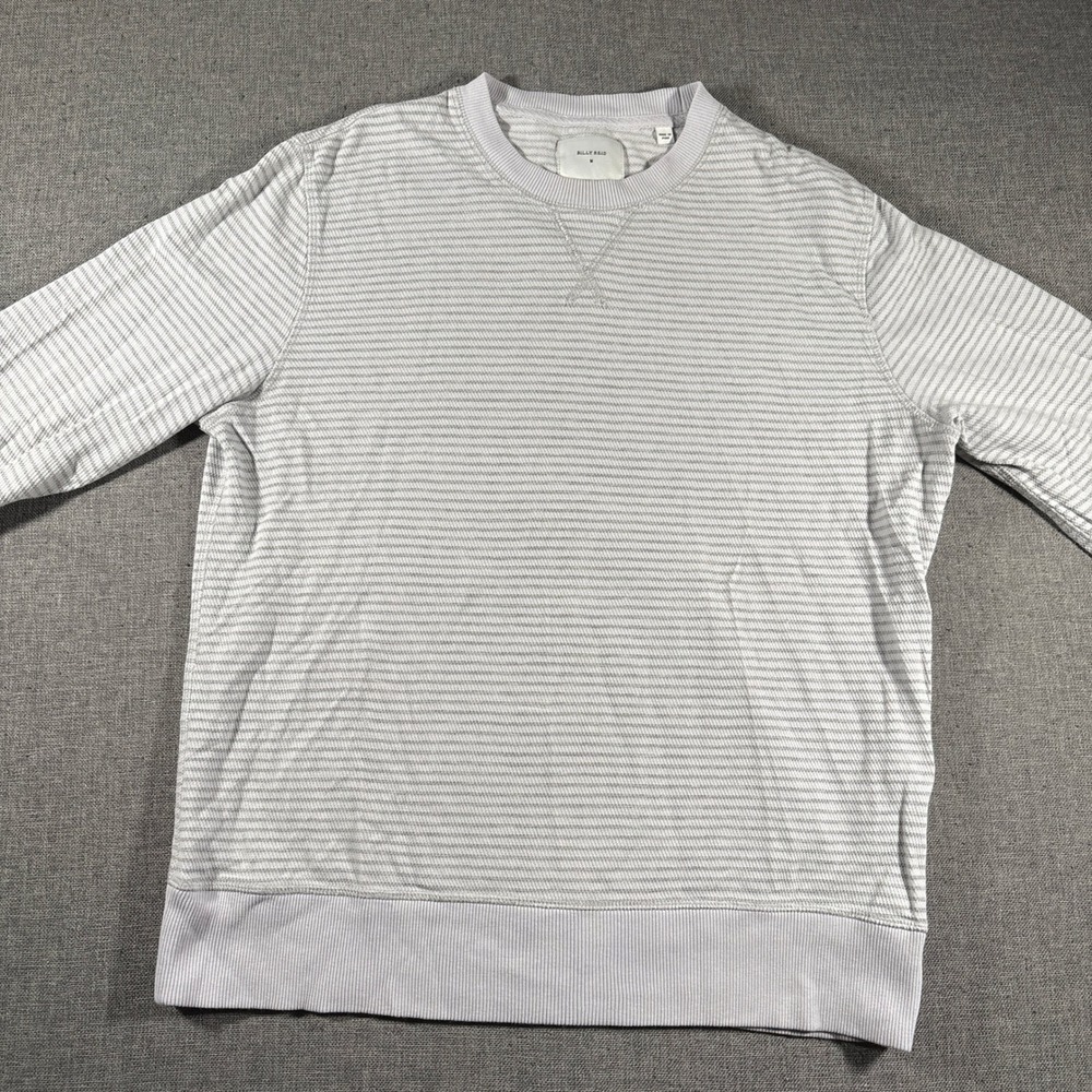 Billy Reid Sweatshirt Mens Medium Grey White Striped Crewneck V-Stitch Pullover